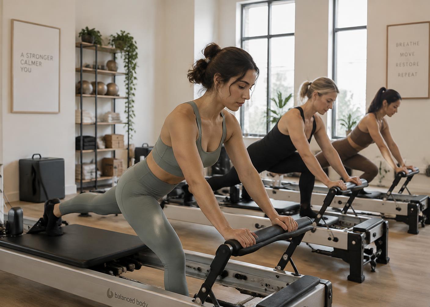 Small reformer class of three clients working through an exercise in the studio